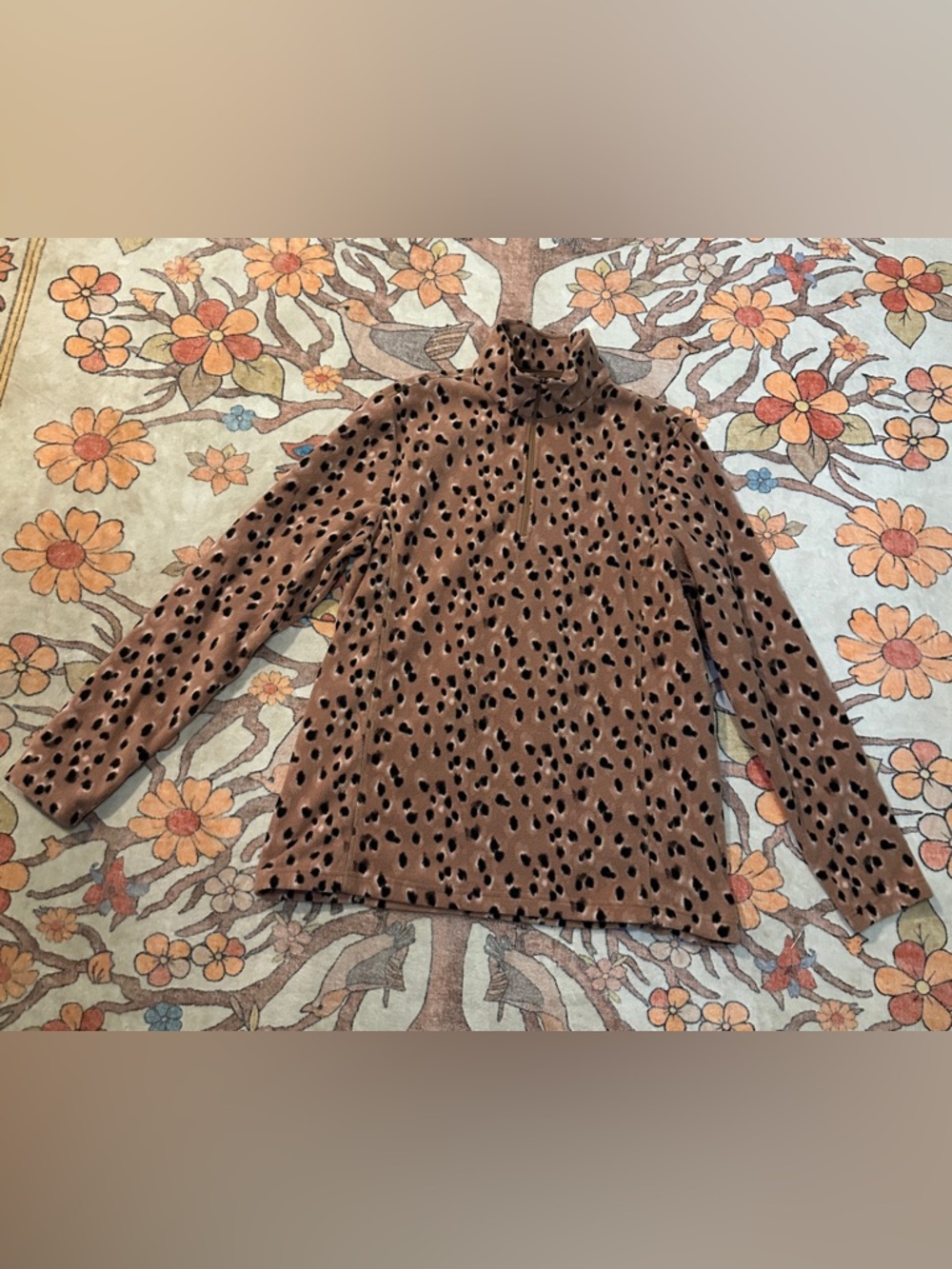 Lands' End Brown Leopard-Print Zip Mock Neck Pullover